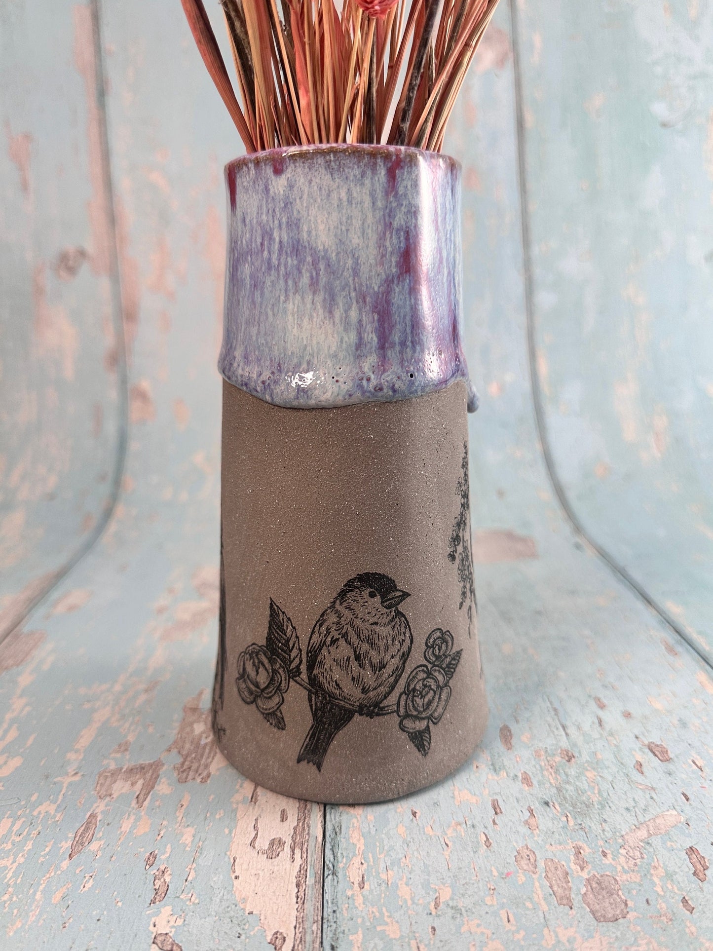 Purple Bird Floral Ceramic Vase, Handmade Modern Pottery