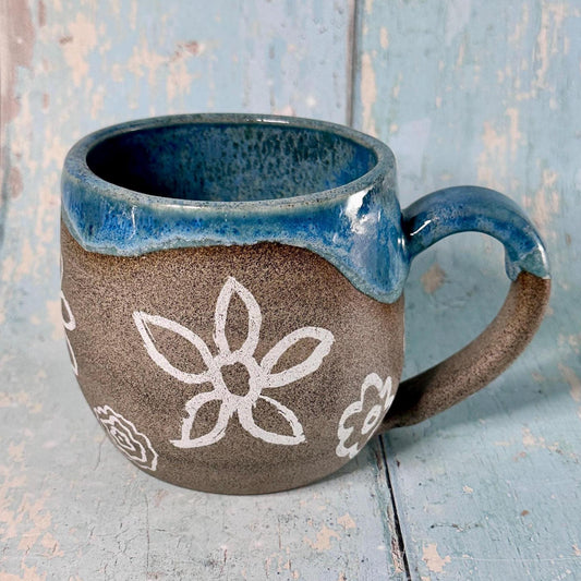 Blue and Grey Flower Mug, Large Handmade Ceramic Cup
