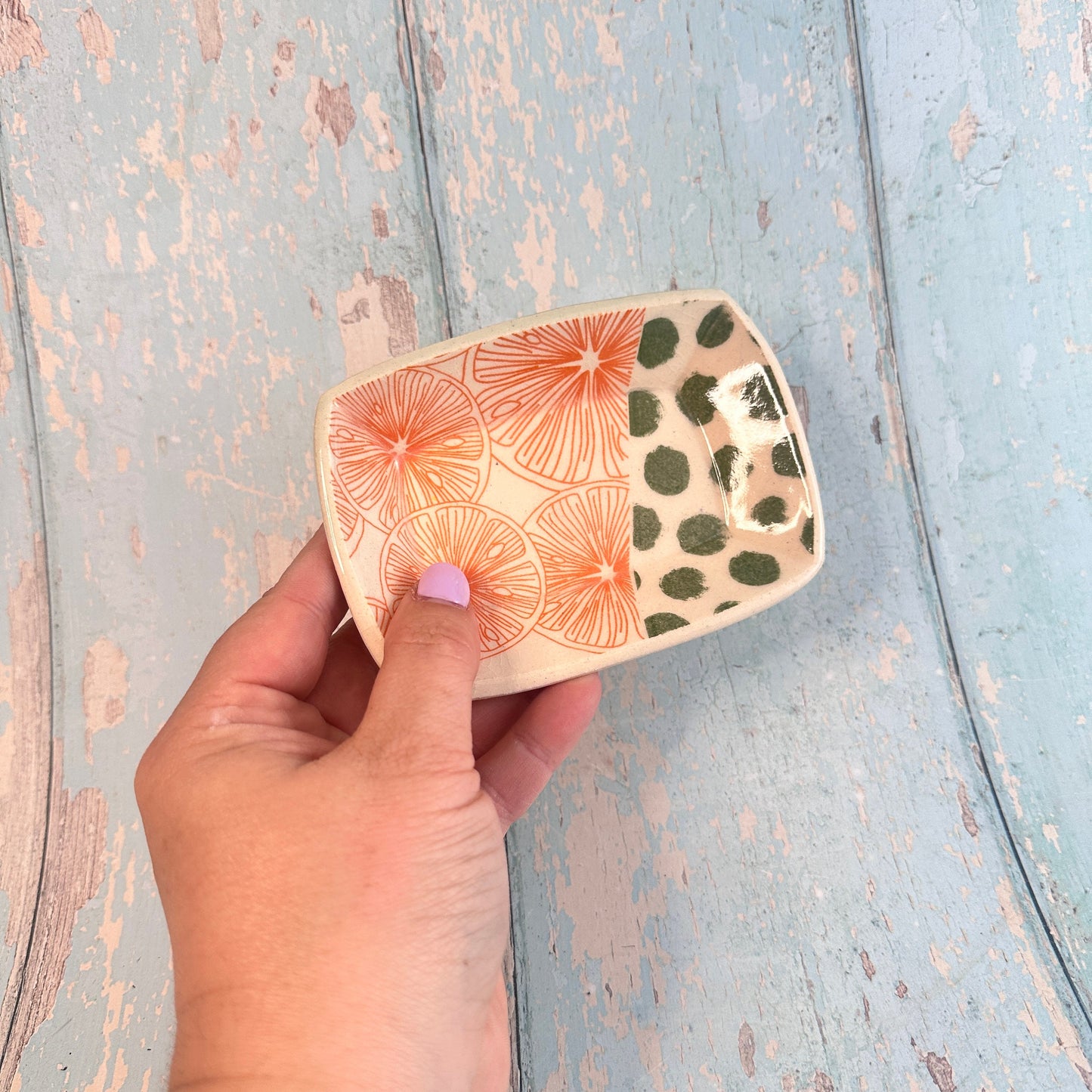 Orange and Green Jewellery Dish, Handmade Hexagon Ceramic Pot