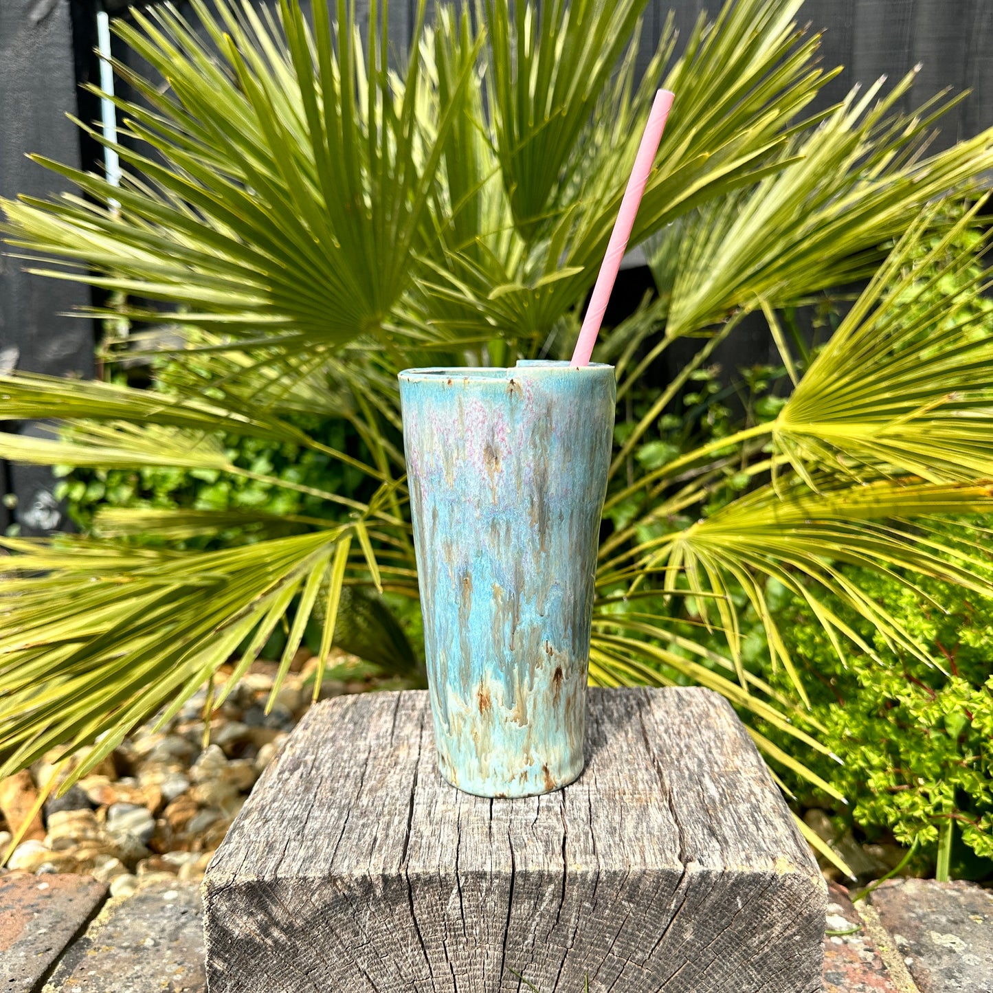 Tall Ceramic Cold Drink Straw Holding Tumbler, Handmade Modern Blue and Pink Cup