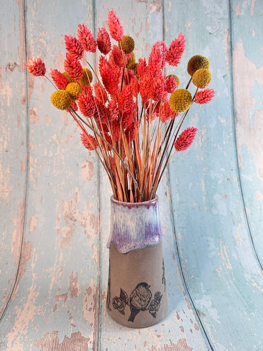 Purple Bird Floral Ceramic Vase, Handmade Modern Pottery