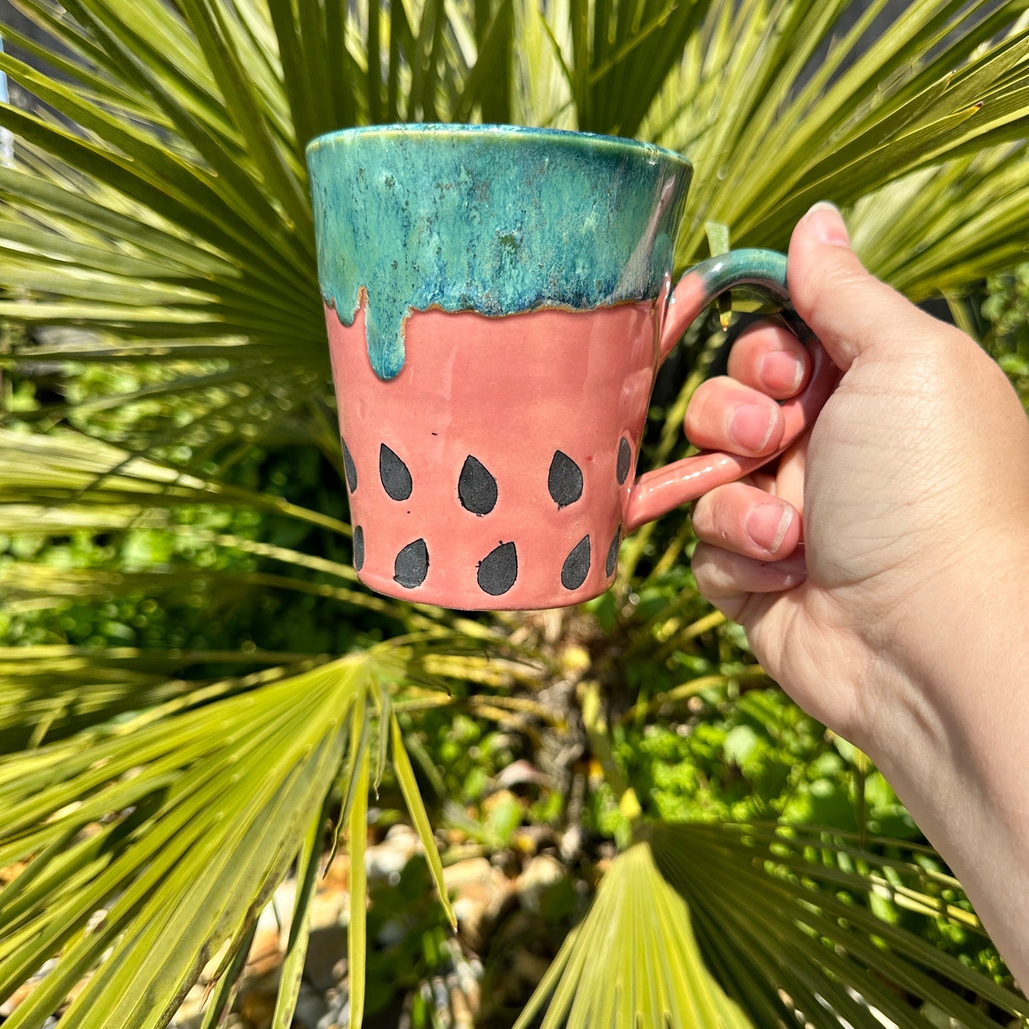 Ceramic Watermelon Mug, Large Pink and Green Cup