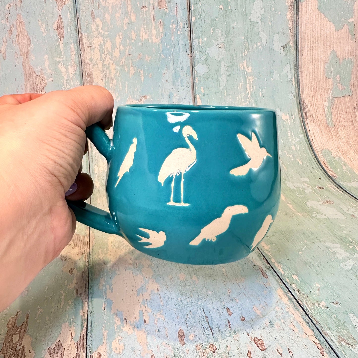 Turquoise Blue Bird Mug, Handmade Ceramic Cup