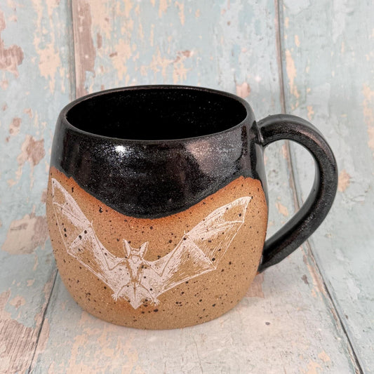 Black Halloween Bat Mug, Handmade Ceramic Cup