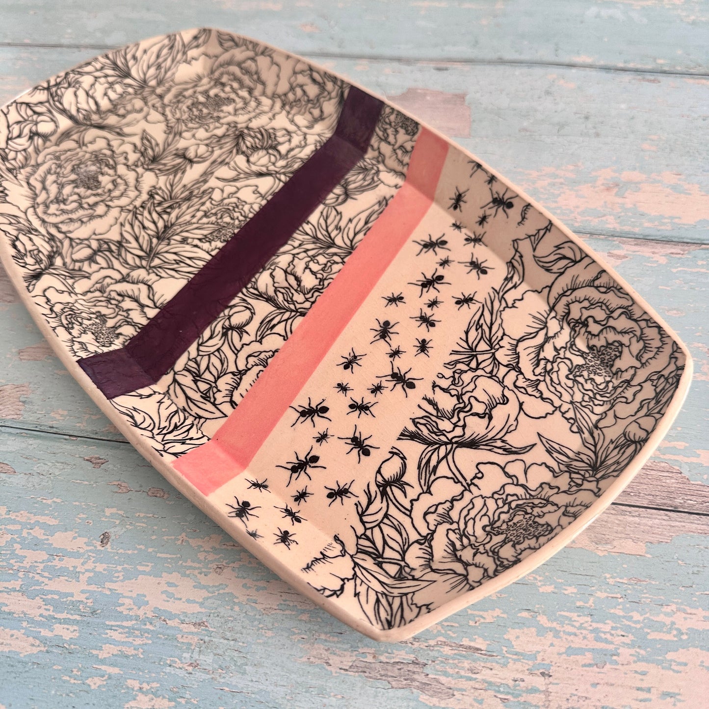 Peony and Ant Platter, Pink and Purple Large Handmade Rectangle Ceramic Plate