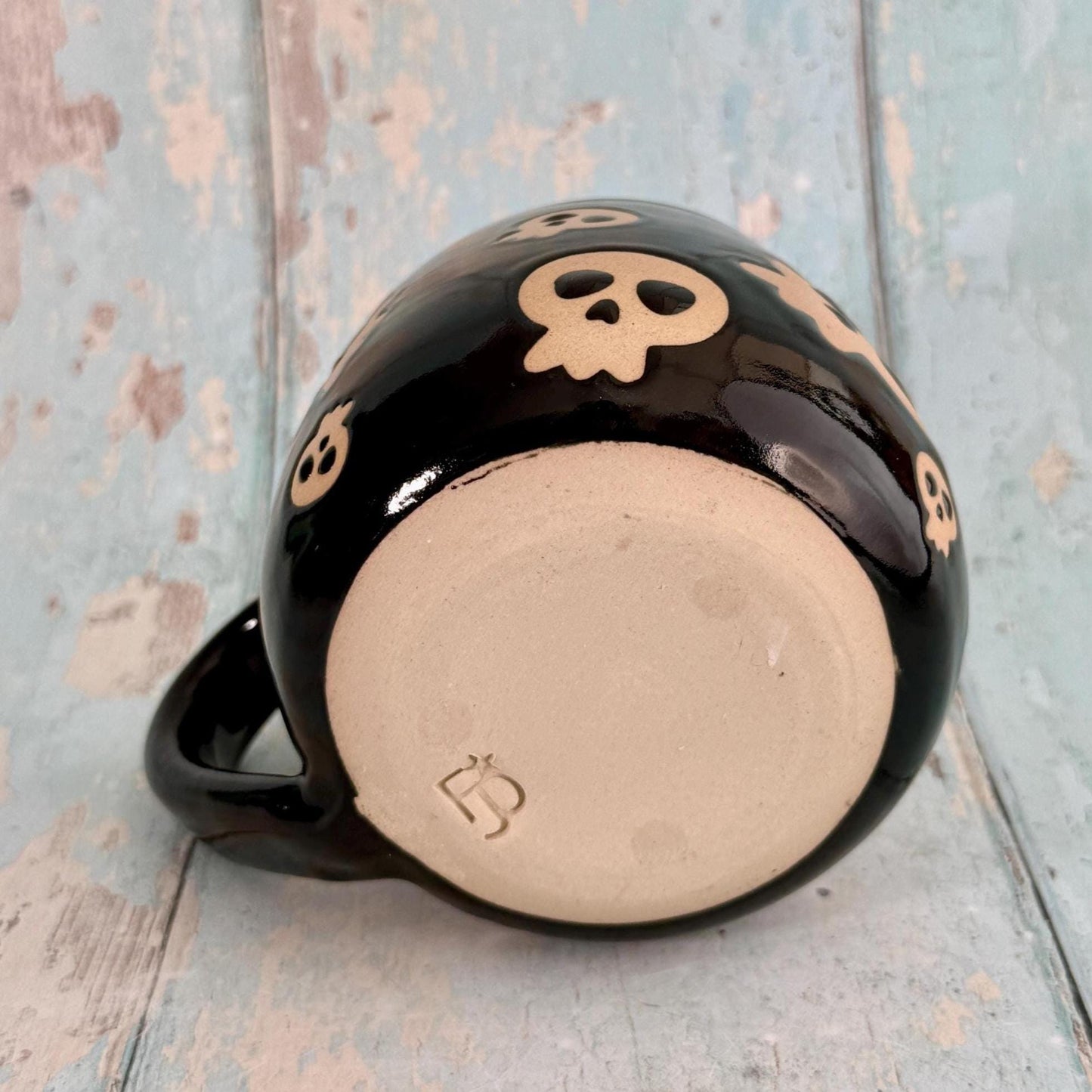 Black Skull Mug, Handmade Ceramic Cup, Spooky Halloween Mug