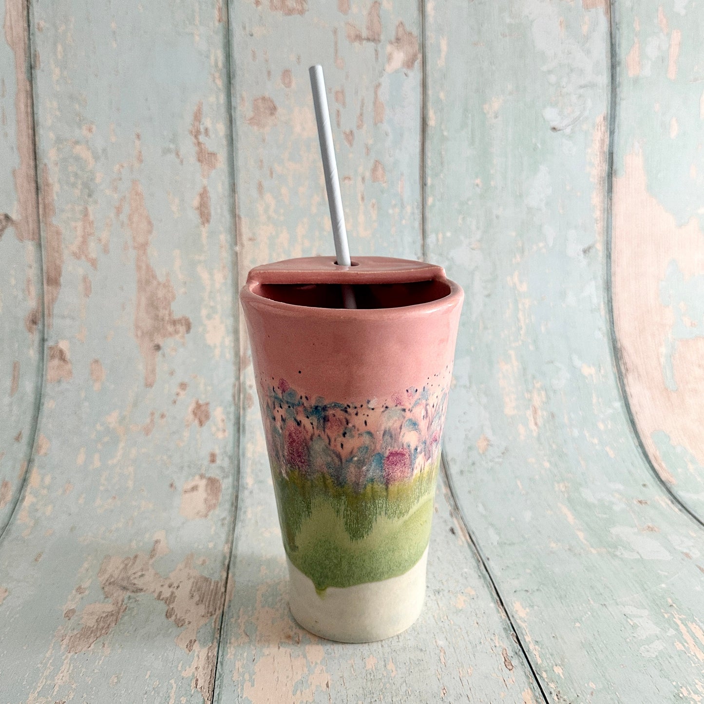 Pink and Green Straw Holder Tumbler, Large Ceramic Cup
