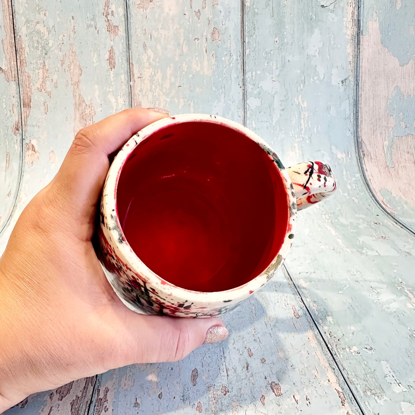 Large Christmas Mug, Handmade Ceramic Cup, Green Red Gold