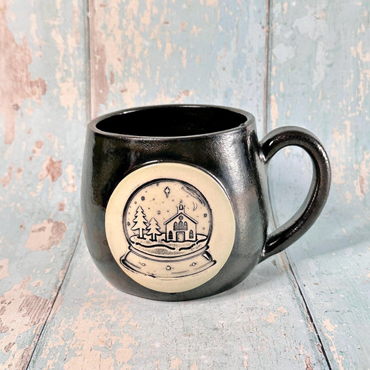 Metallic Black Christmas Snow Globe Mug, Handmade Ceramic Cup