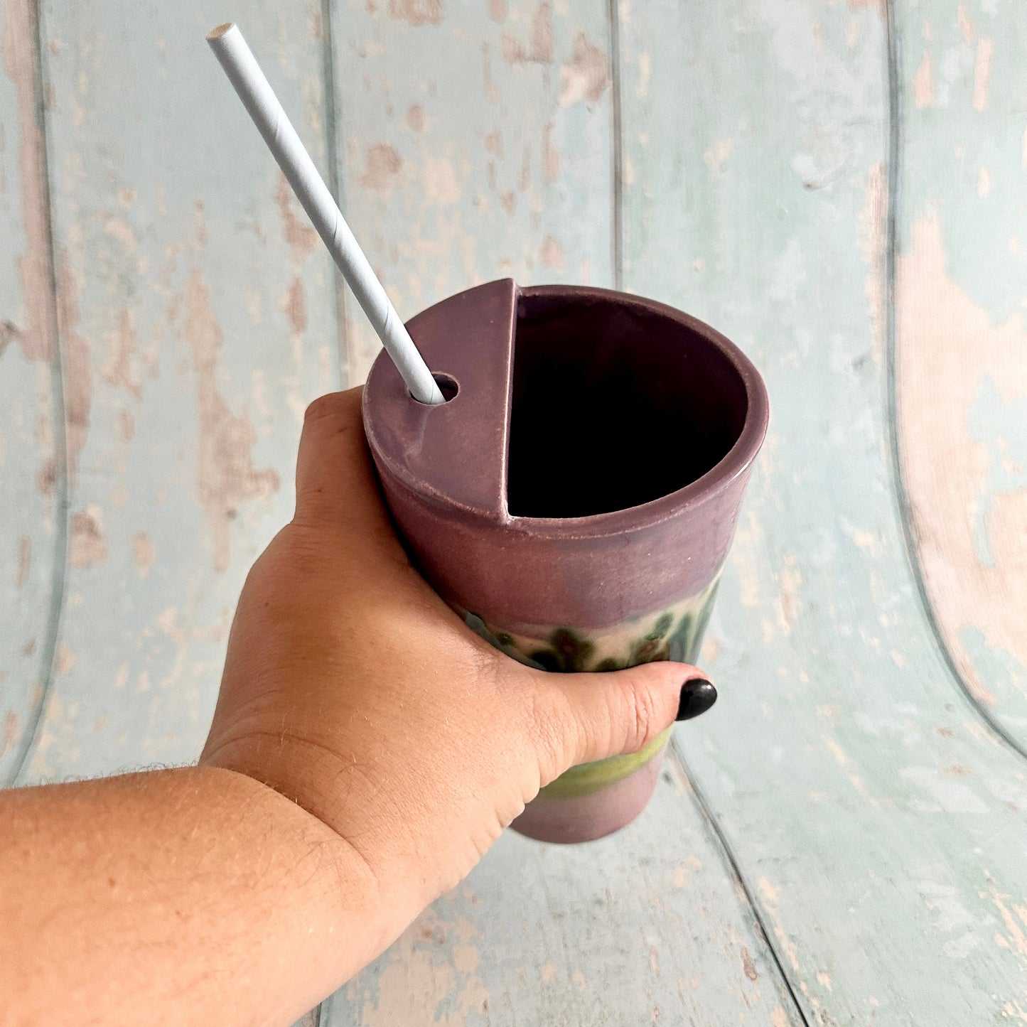 Purple and Green Straw-holder Tumbler, Large Ceramic Cup