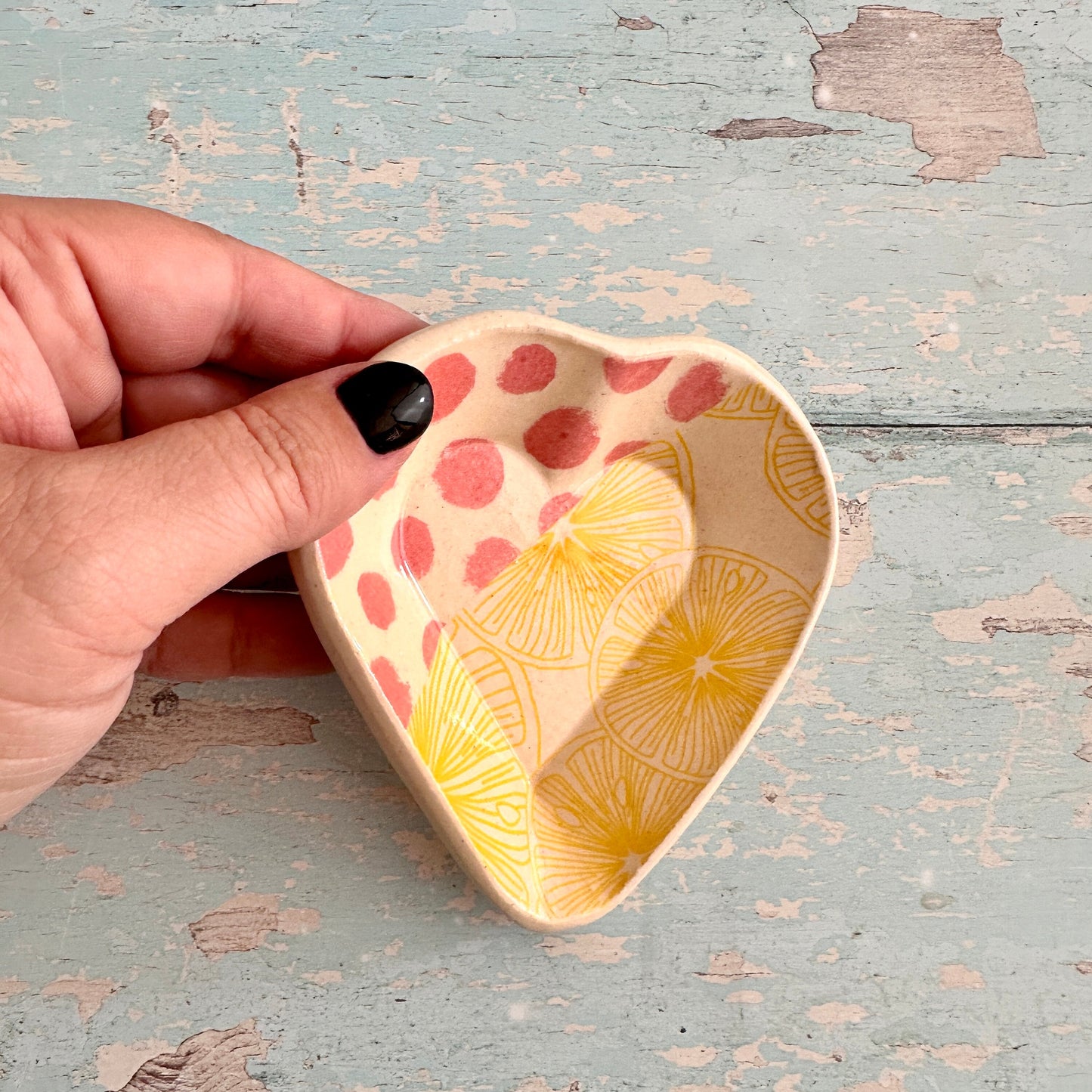Small Pink and Yellow Heart Ring Dish, Handmade Ceramic Pot