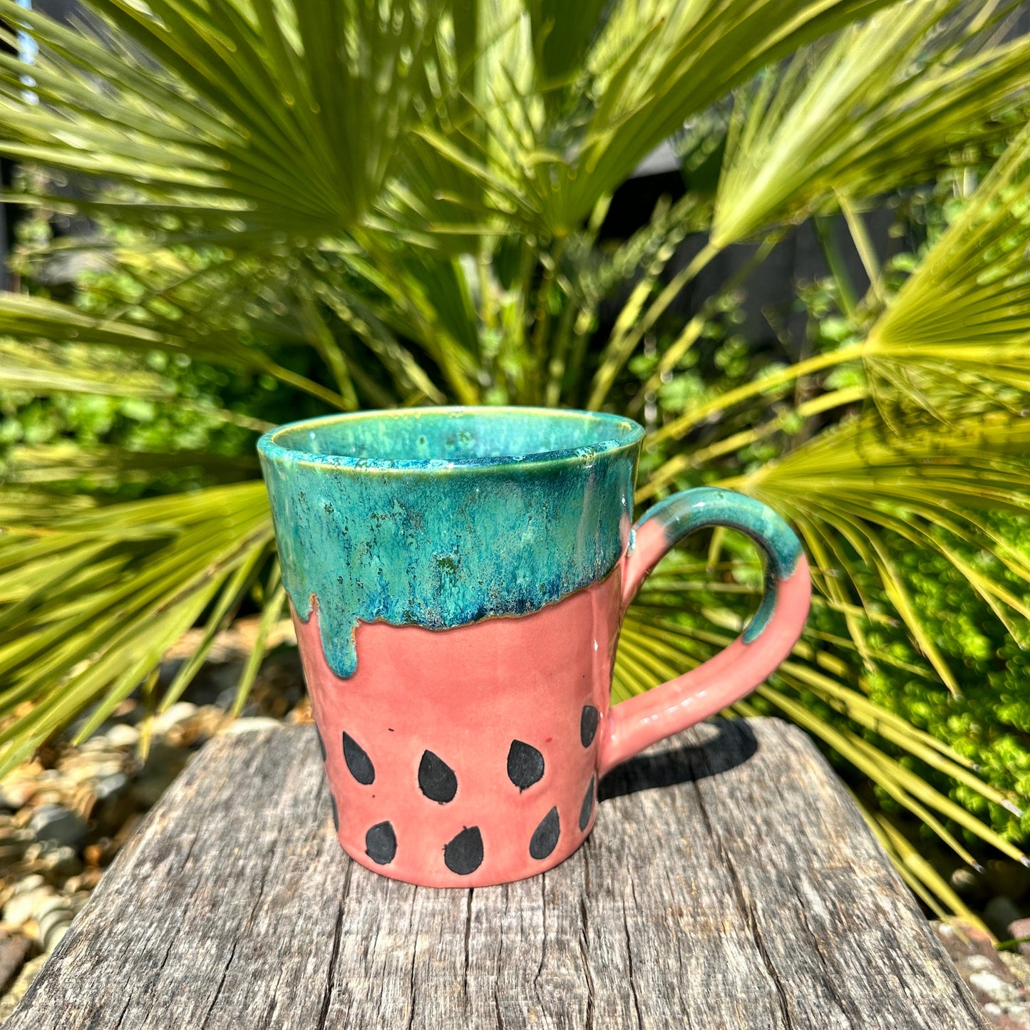 Ceramic Watermelon Mug, Large Pink and Green Cup