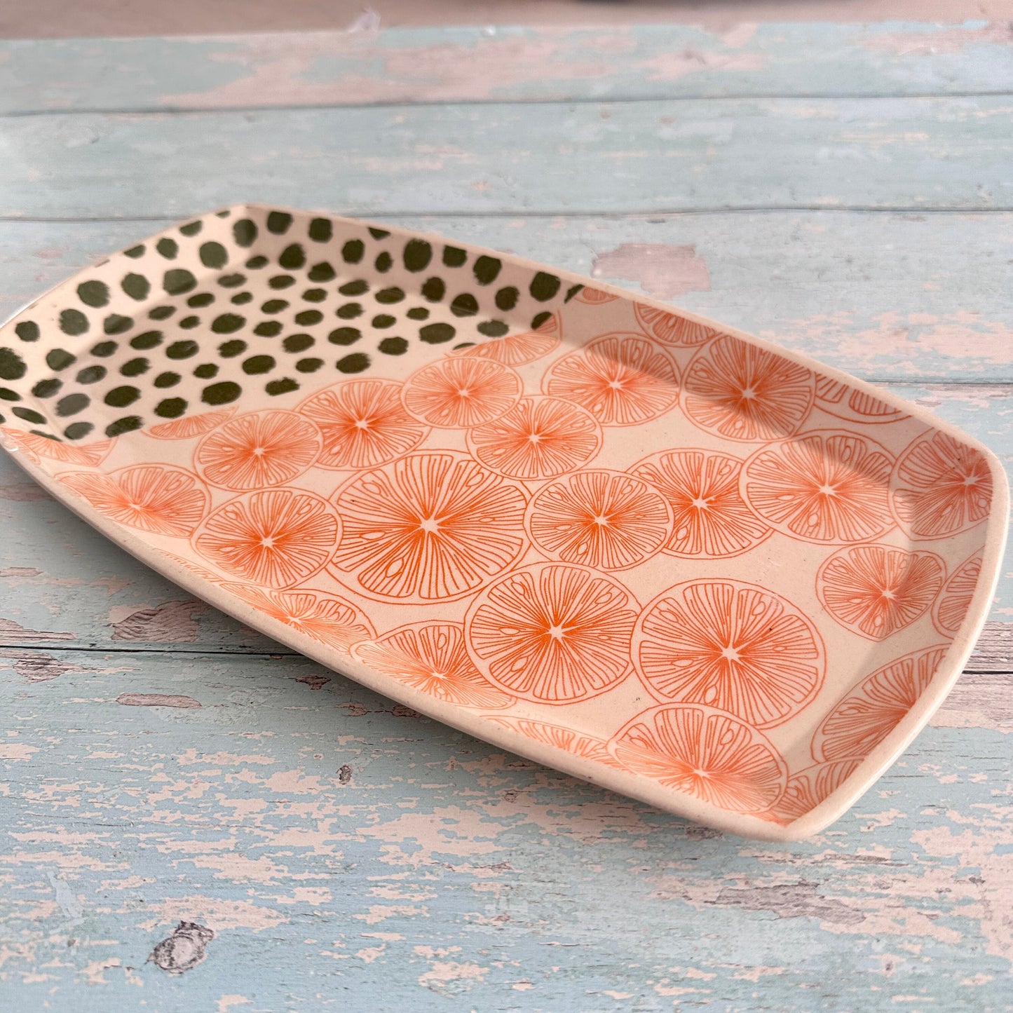 Orange and Green Platter, Large Handmade Rectangle Ceramic Plate