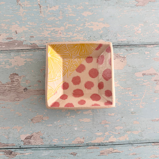 Small Pink and Yellow Square Ring Dish, Handmade Ceramic Pot