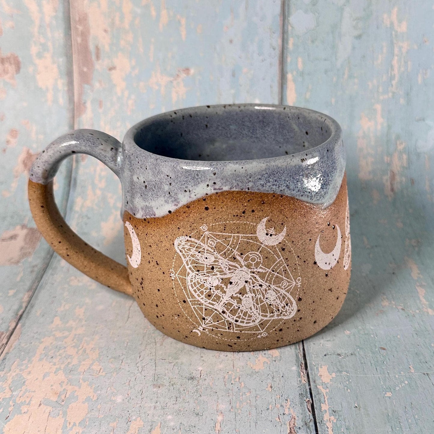 Lilac Blue Moth Mug, Large Ceramic Cup