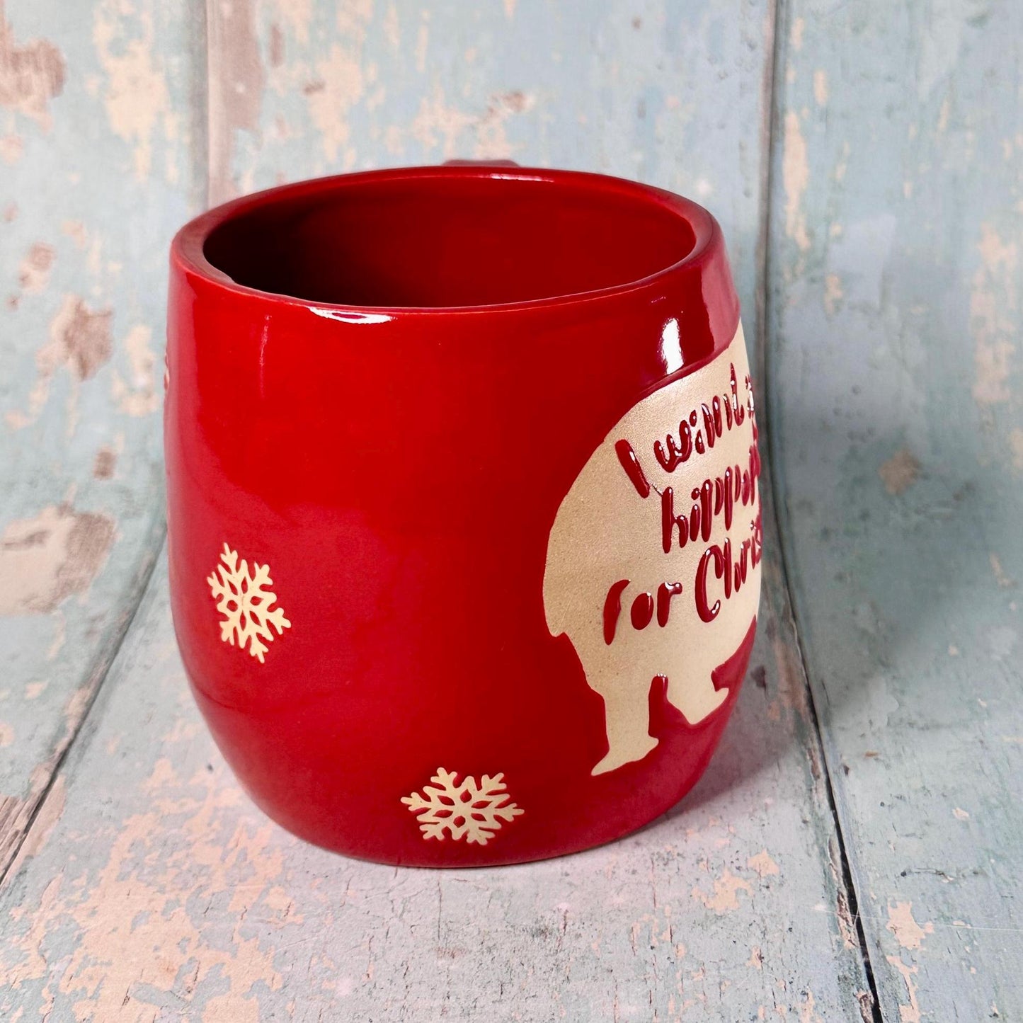 Red Christmas Hippo Mug, Handmade Ceramic Cup