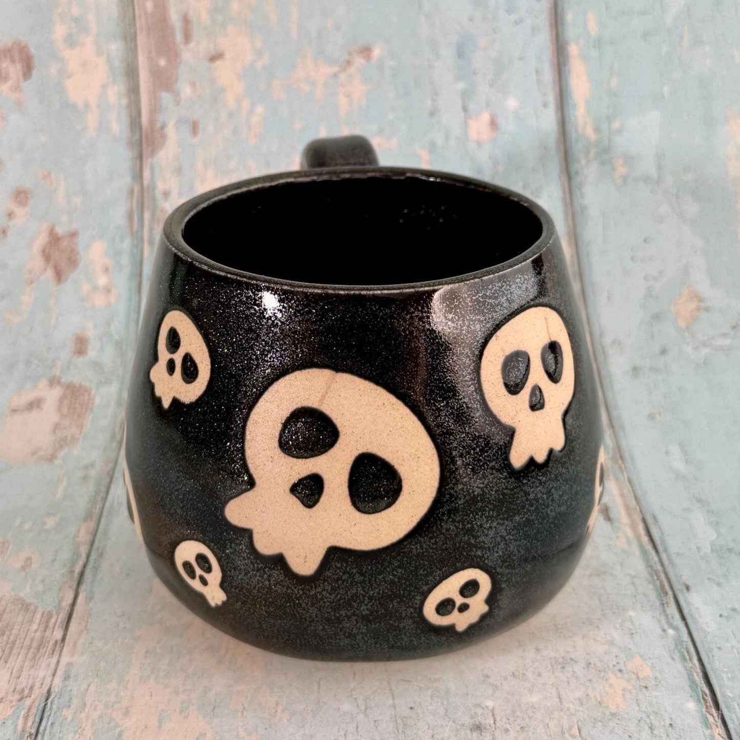 Glittery Black Skull Mug, Handmade Ceramic Cup, Spooky Halloween Mug