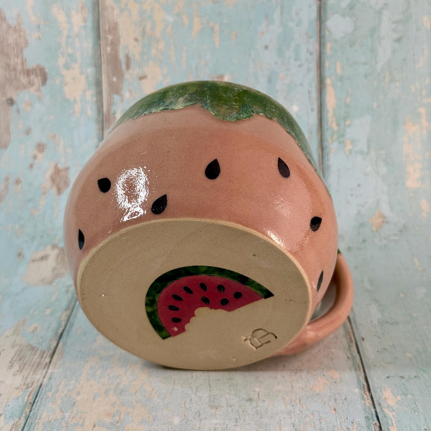Ceramic Watermelon Mug, Large Pink and Green Cup
