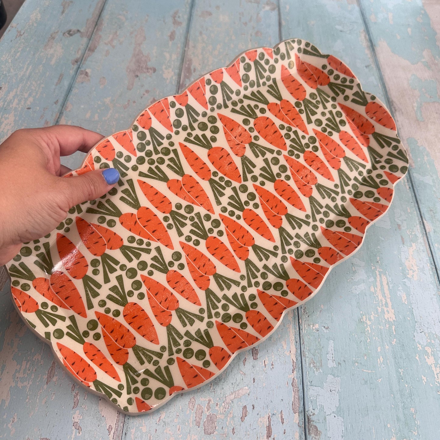 Orange and Green Carrot Platter, Large Handmade Rectangle Ceramic Plate