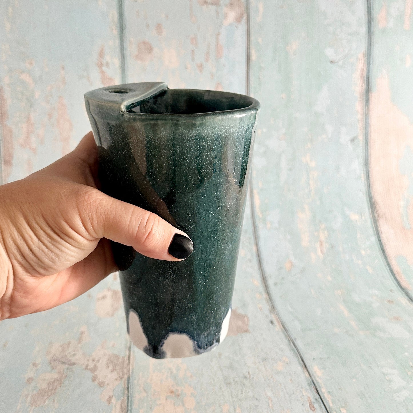 Green and White Straw-holder Tumbler, Large Ceramic Cup