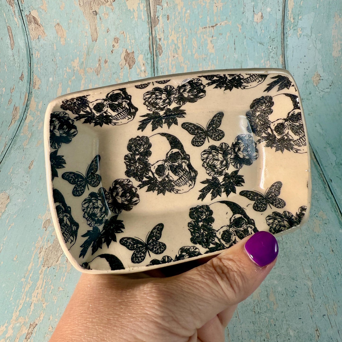 Skull Floral Jewellery Dish, Handmade Ceramic Pot