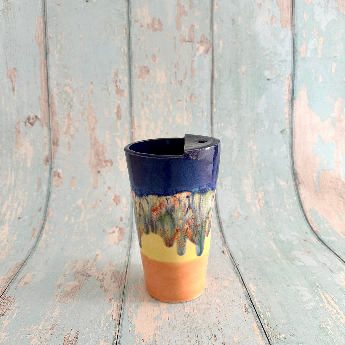 Blue, Yellow and Orange Straw-holder Tumbler, Large Ceramic Cup