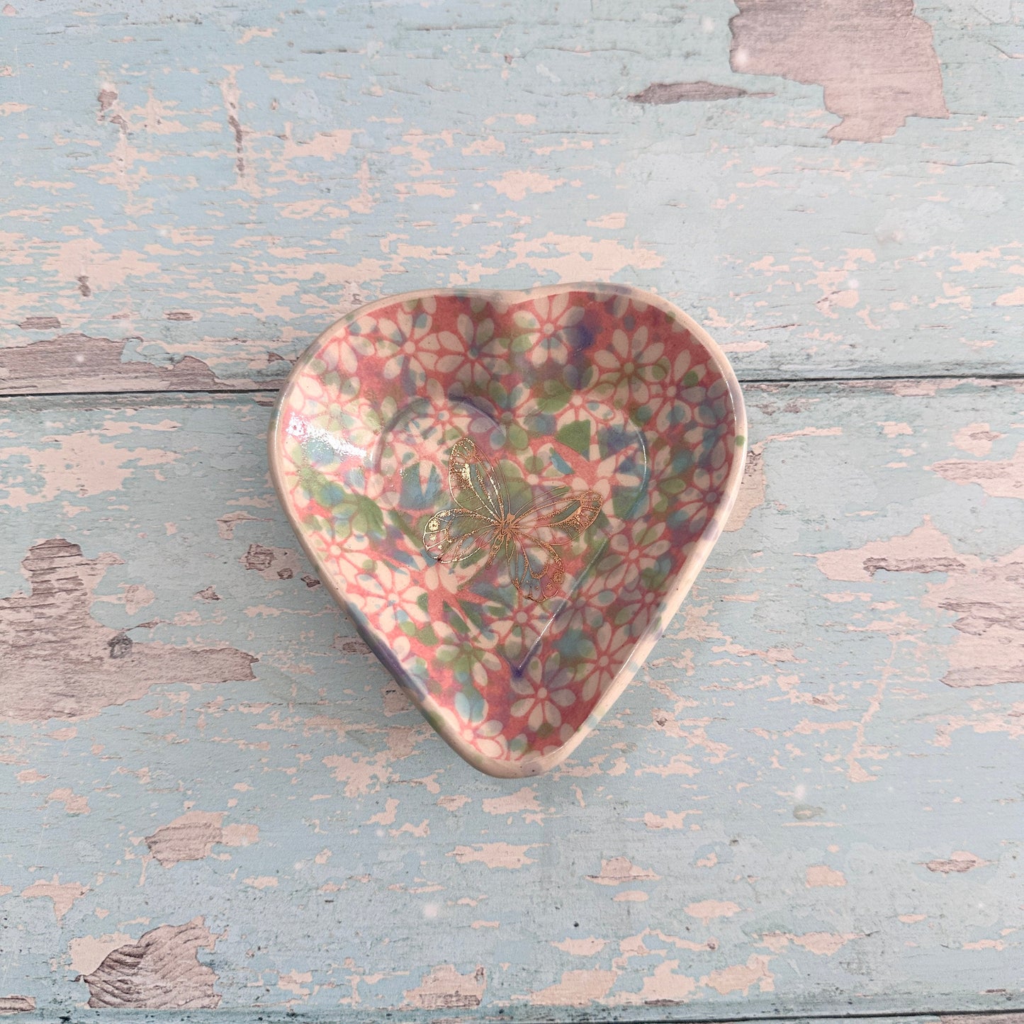 Small Pink and Gold Butterfly Heart Ring Dish, Handmade Ceramic Pot