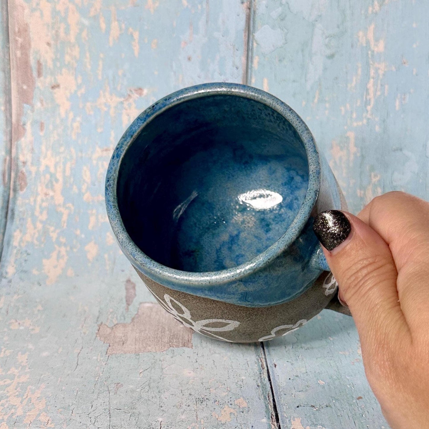 Blue and Grey Flower Mug, Large Handmade Ceramic Cup