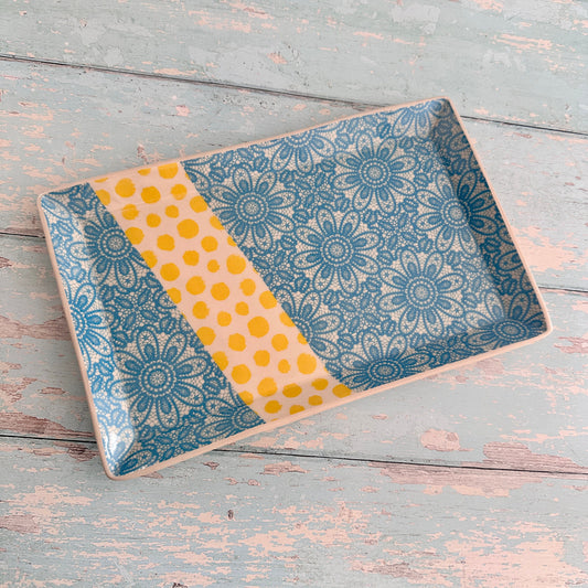 Turquoise Blue Lace and Yellow Platter, Large Handmade Rectangle Ceramic Plate