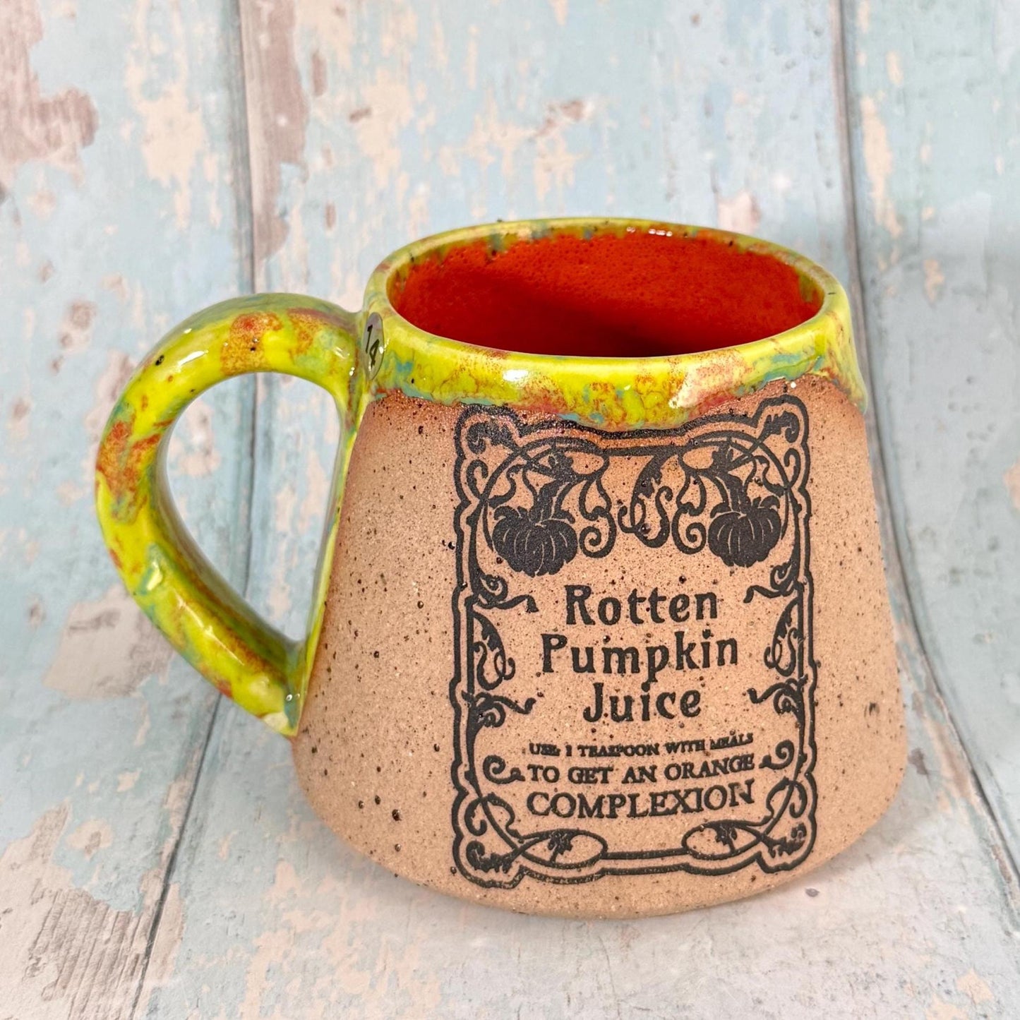 Yellow and Orange Halloween Rotten Pumpkin Witch Label Mug, Spooky Season Cup