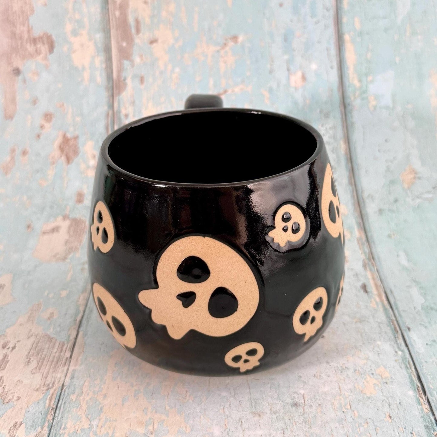 Black Skull Mug, Handmade Ceramic Cup, Spooky Halloween Mug