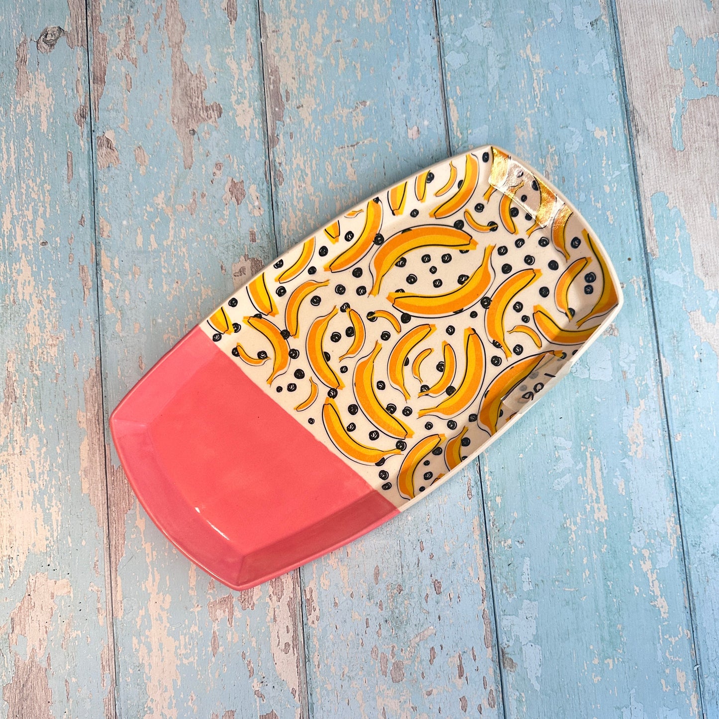 Large Banana Platter, Yellow and Pink Handmade Rectangle Ceramic Plate