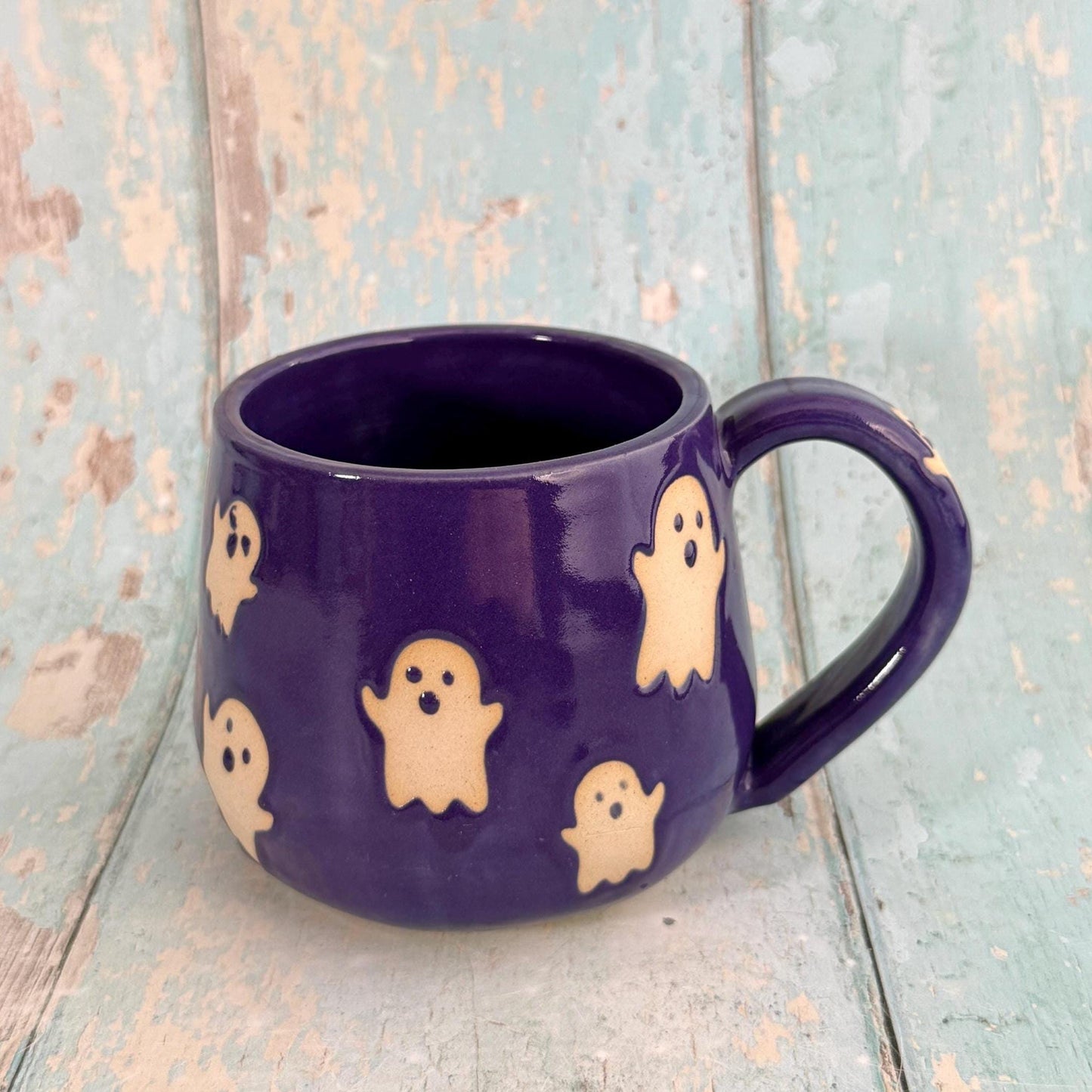 Purple Ghost Mug, Handmade Ceramic Cup, Spooky Halloween Mug