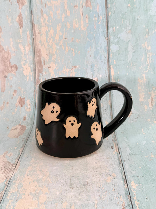 Black Ghost Mug, Handmade Ceramic Cup, Spooky Halloween Mug
