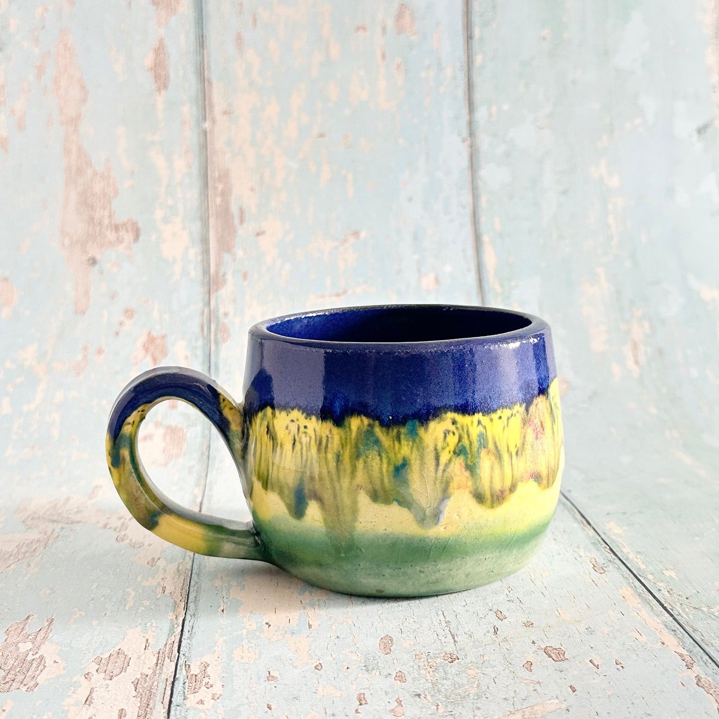 Blue and Yellow Ceramic Mug, Large Pottery Cup