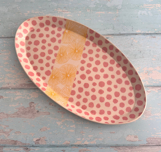 Pink Polka Dot and Yellow Lemon Platter, Large Handmade Oval Ceramic Plate