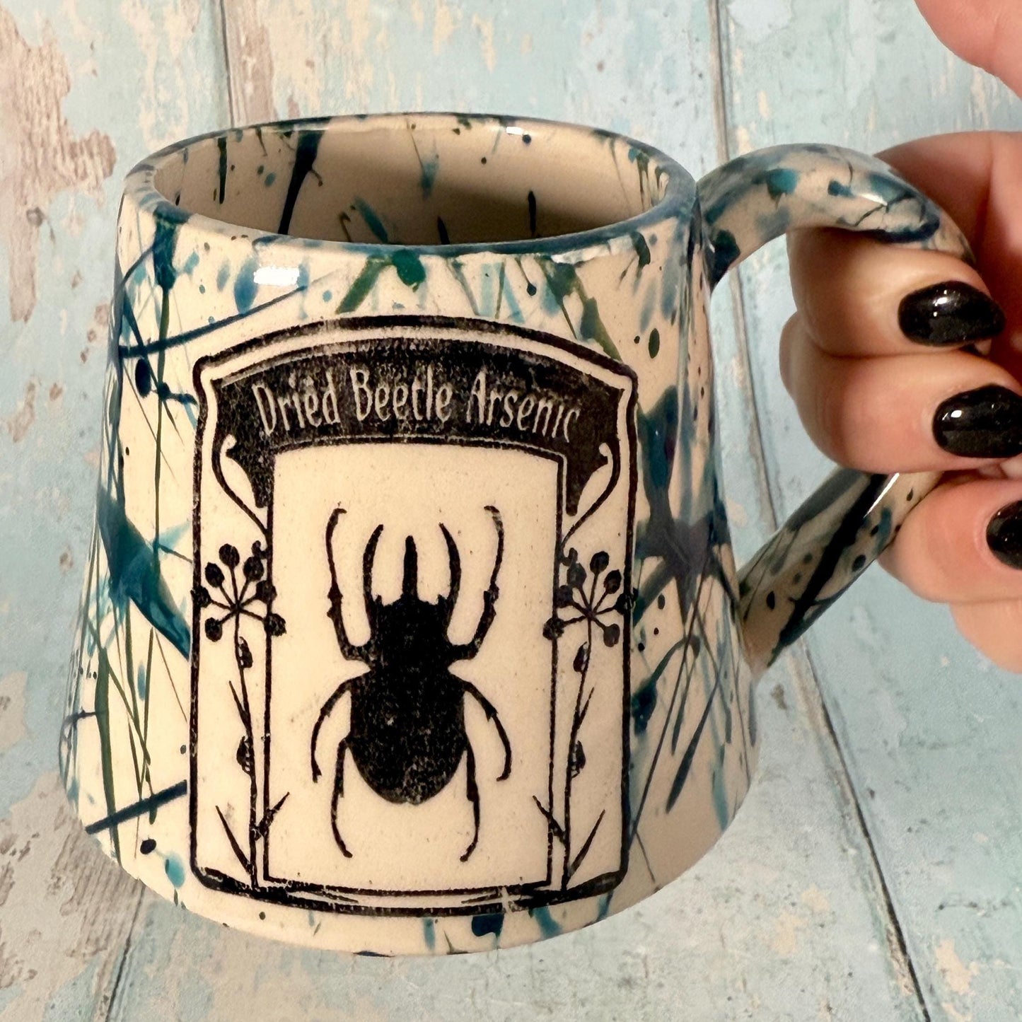 Blue Green 'Beetle Arsenic" Label Mug Halloween Spooky Season Cup