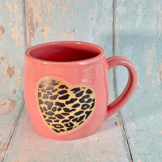 Pink and Black Leopard Skin, Heart MugHandmade Ceramic Cup