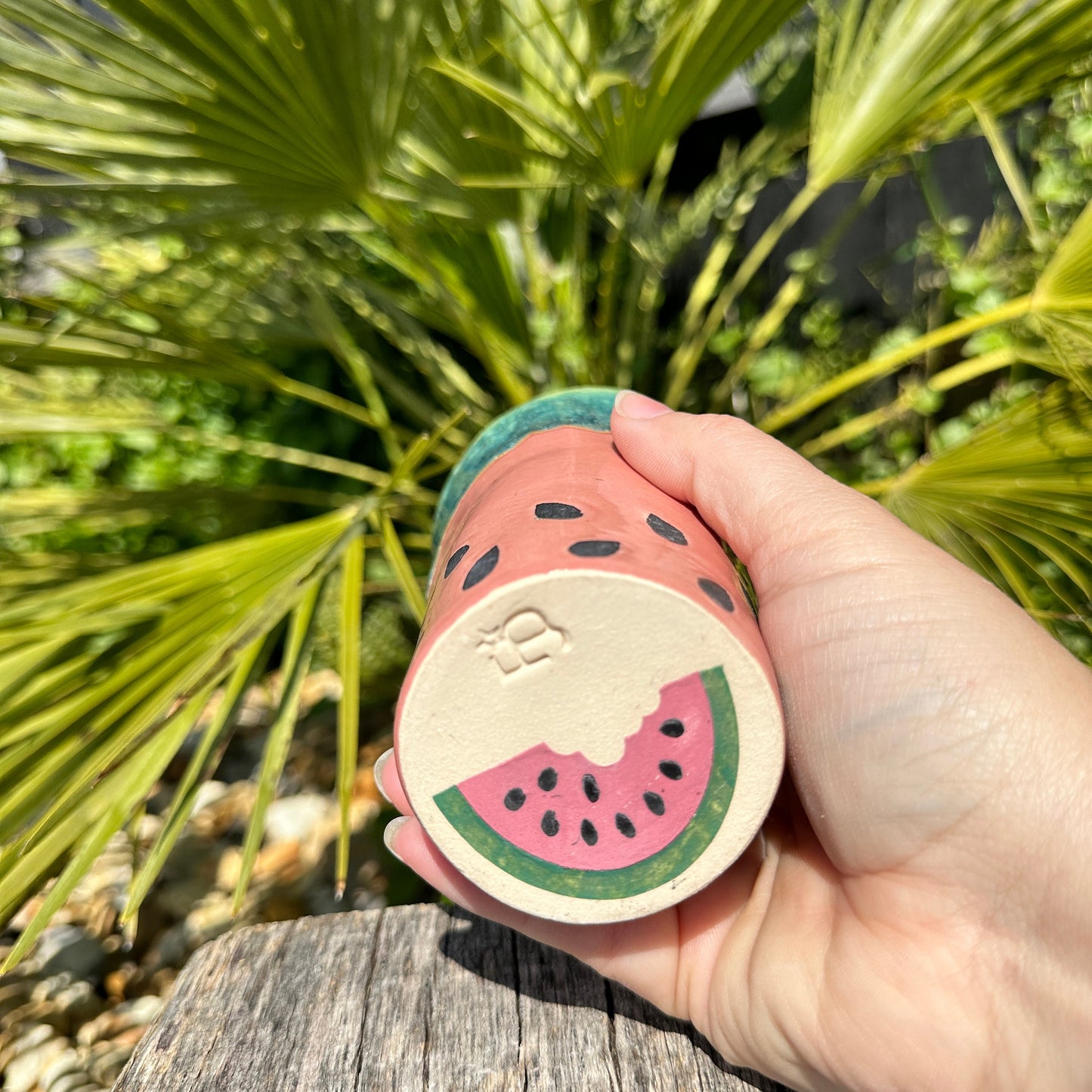 Ceramic Watermelon Drink Tumbler, Large Pink and Green Water Cup