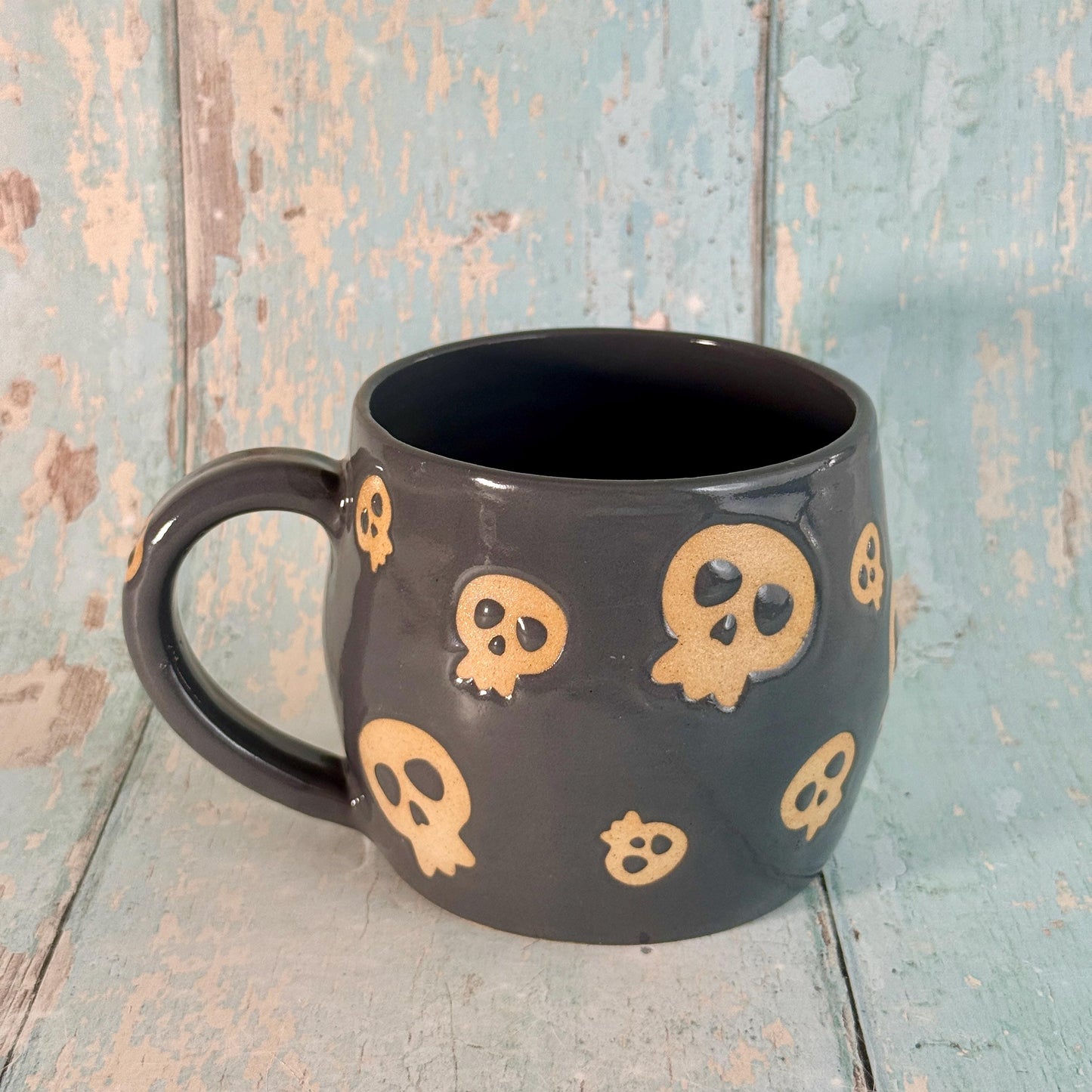 Grey Skull Mug, Handmade Ceramic Cup, Spooky Halloween Mug