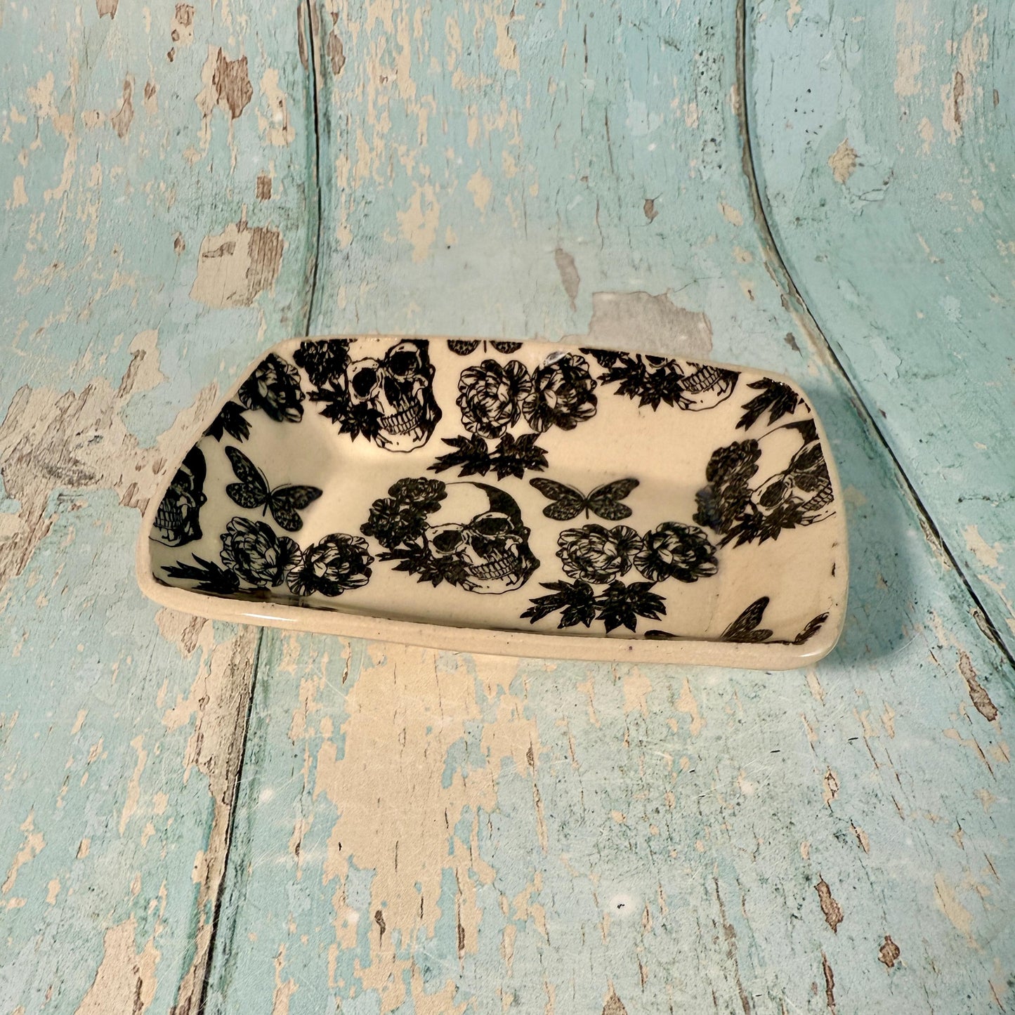 Skull Floral Jewellery Dish, Handmade Ceramic Pot