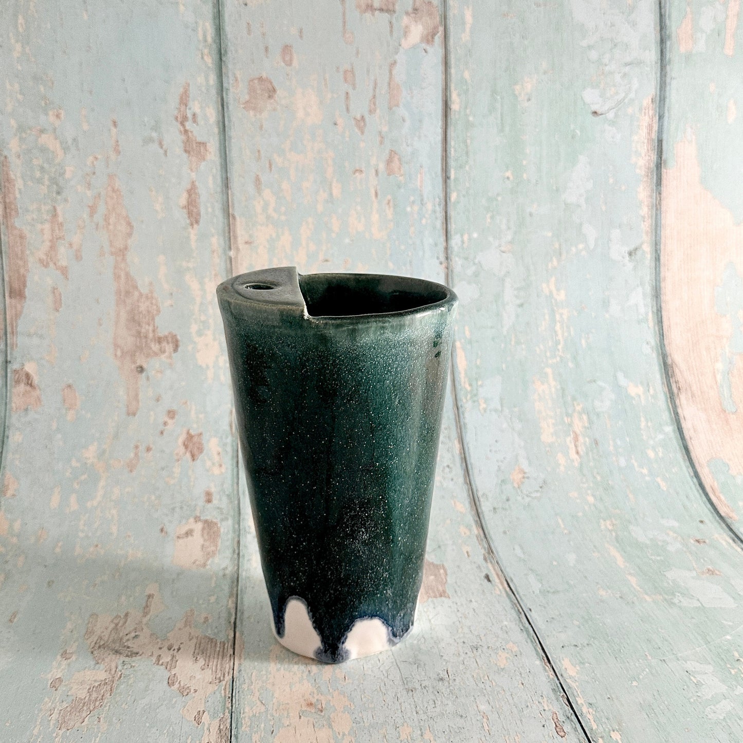 Green and White Straw-holder Tumbler, Large Ceramic Cup