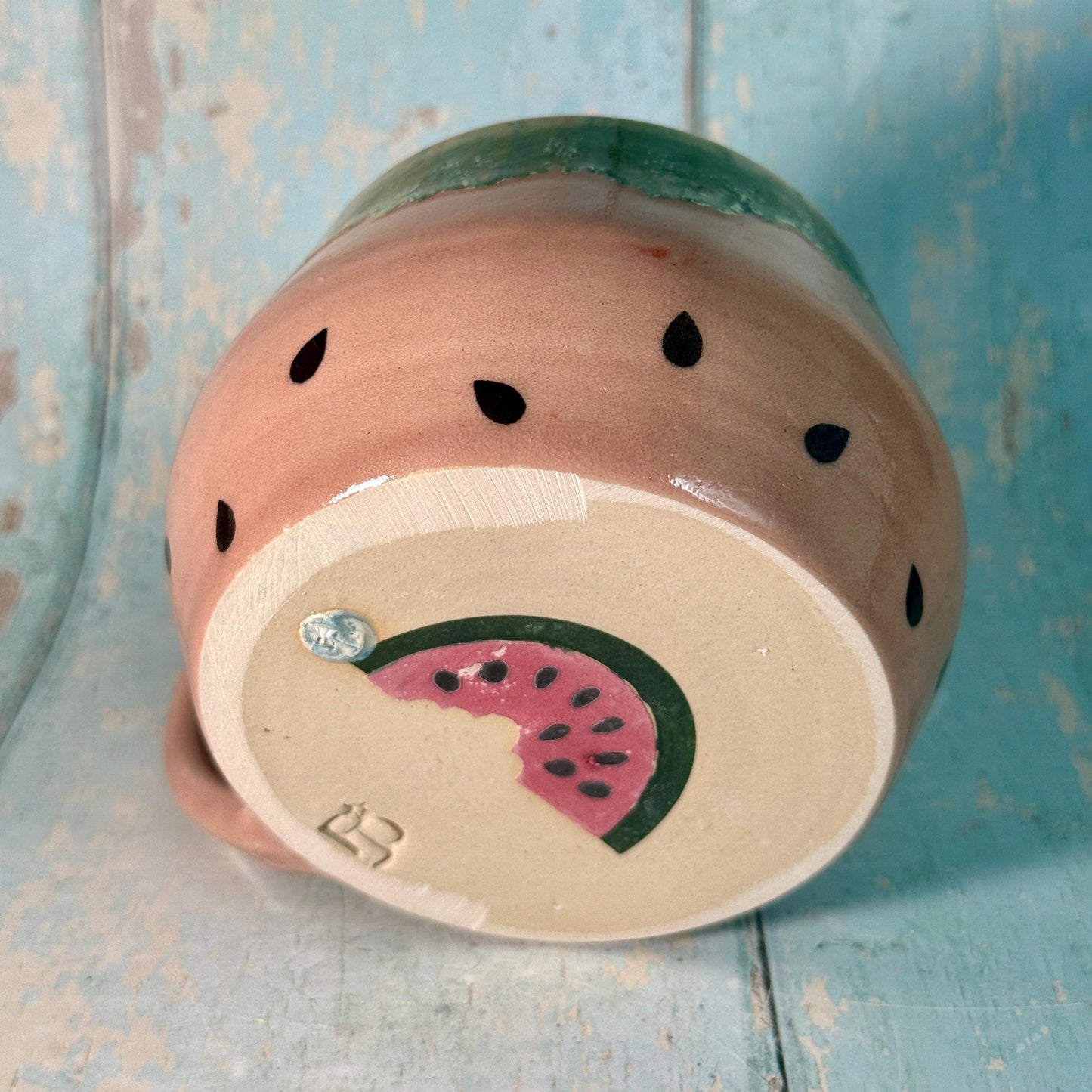 Ceramic Watermelon Mug, Large Pink and Green Cup - Second