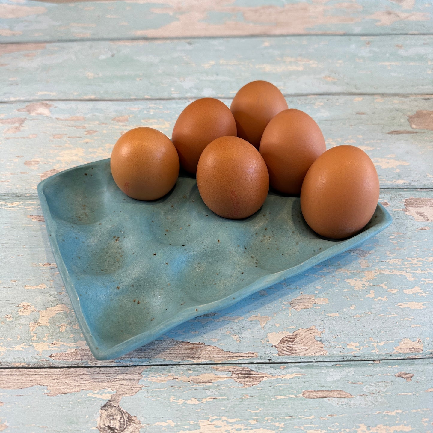 Blue Ceramic Egg Tray, Holds 6 or 12 Eggs