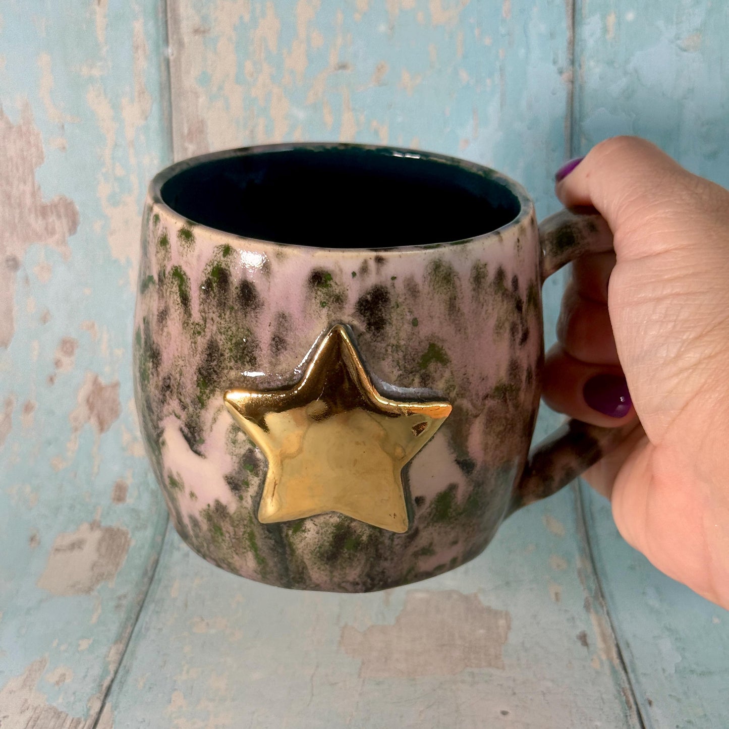 Purple and Green Gold Star Mug, Handmade Ceramic Mug