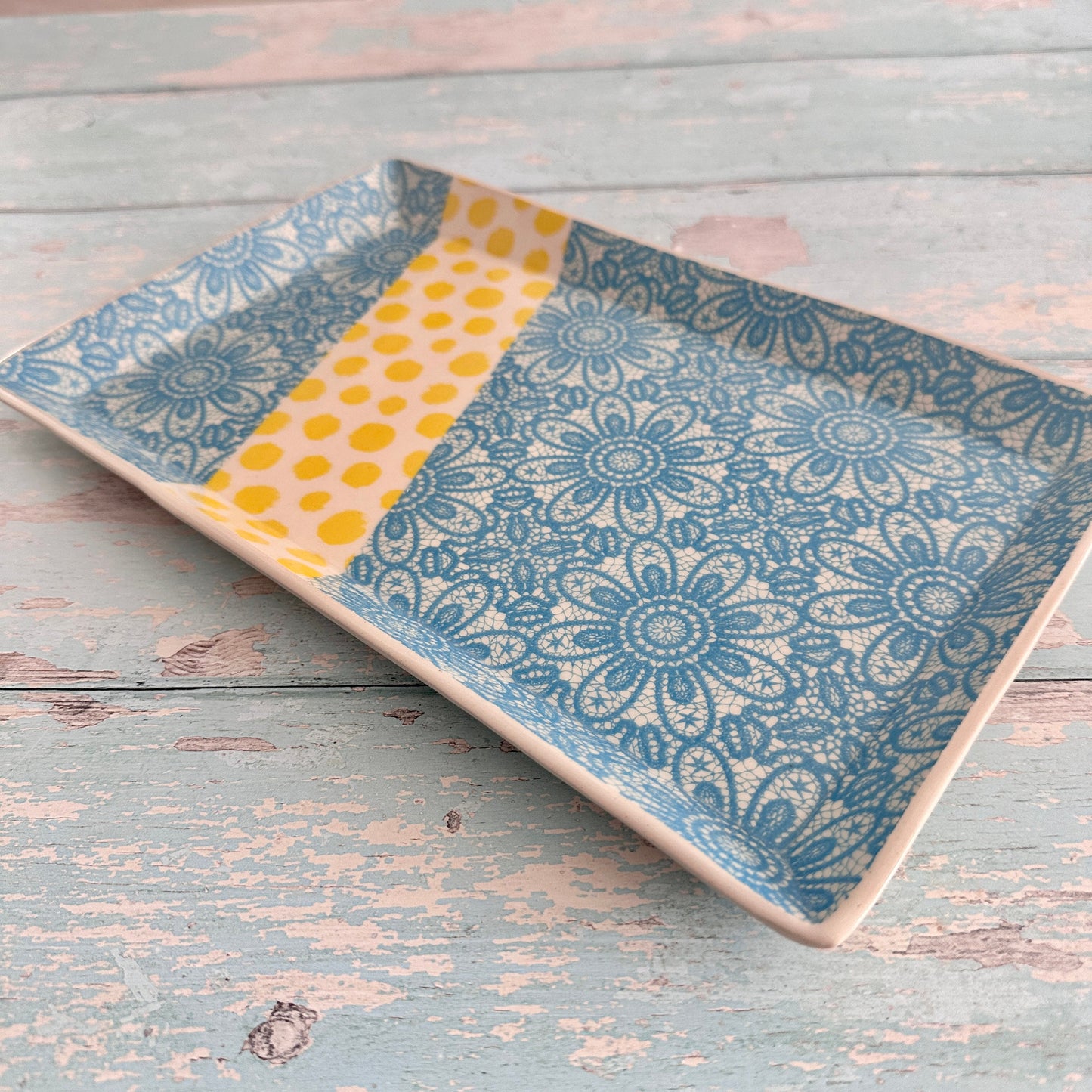 Turquoise Blue Lace and Yellow Platter, Large Handmade Rectangle Ceramic Plate