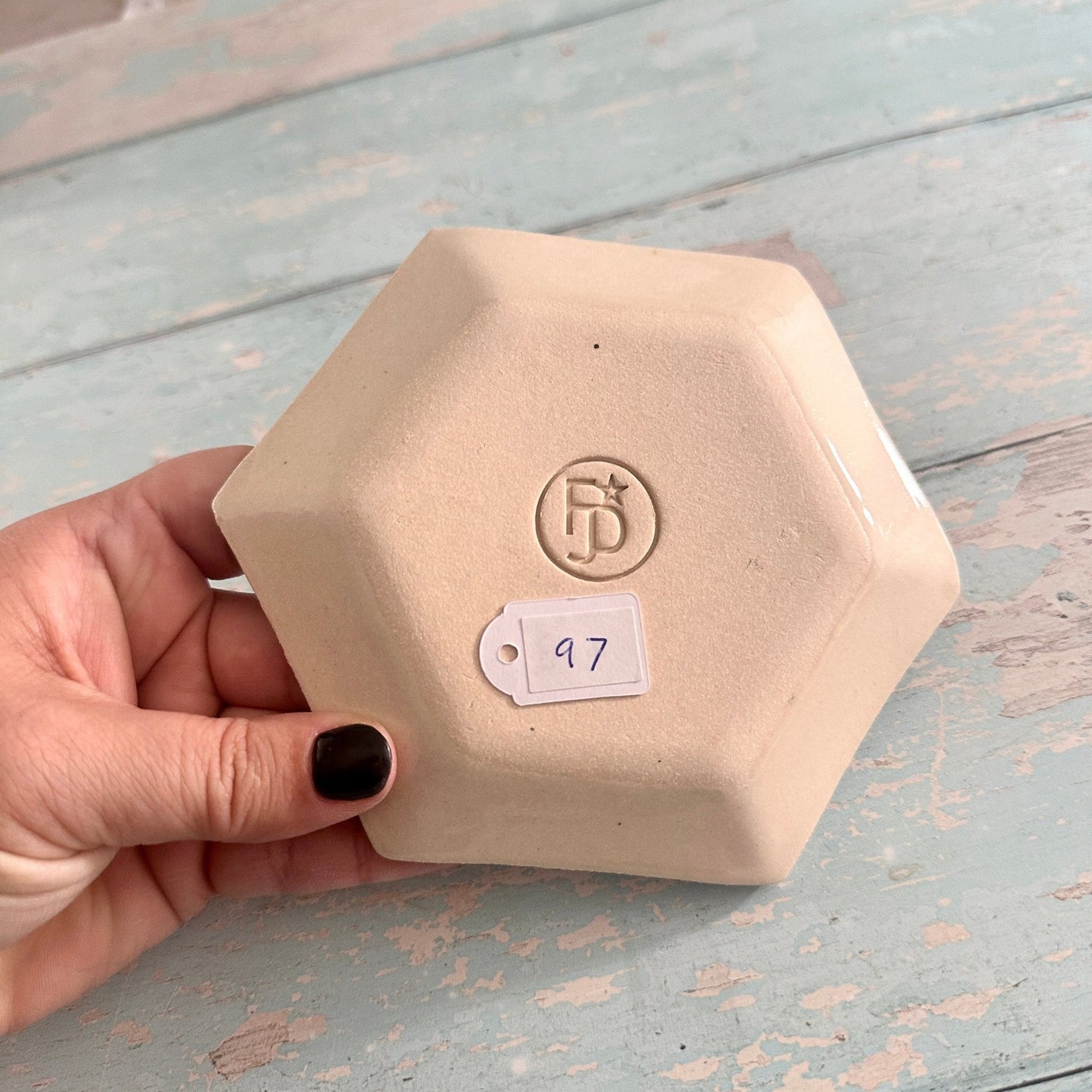 Black and White Monstera Jewellery Dish, Handmade Hexagon Ceramic Pot - FJD Ceramics