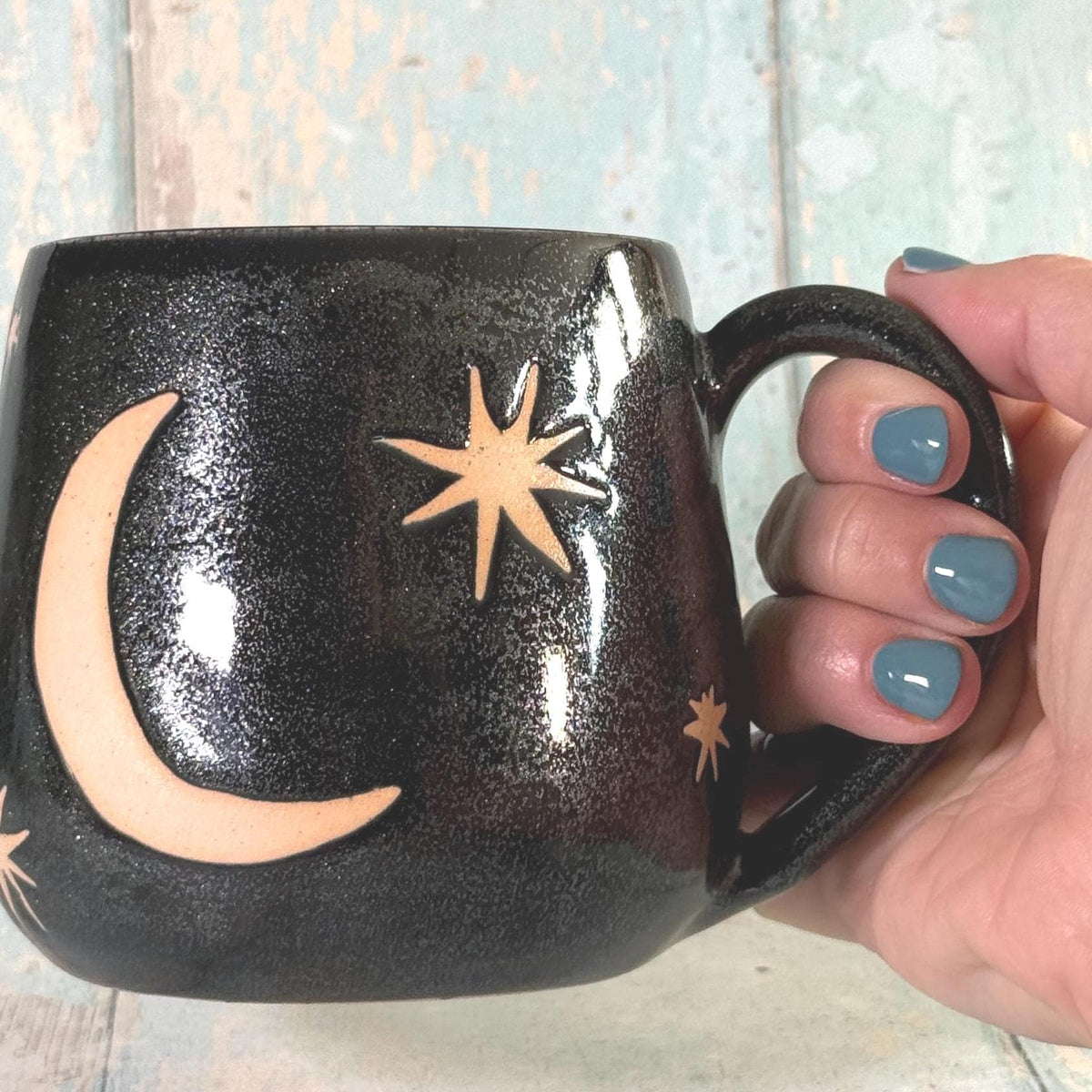 Black Glitter Moon & Star Celestial Mug, Ceramic Cup - FJD Ceramics