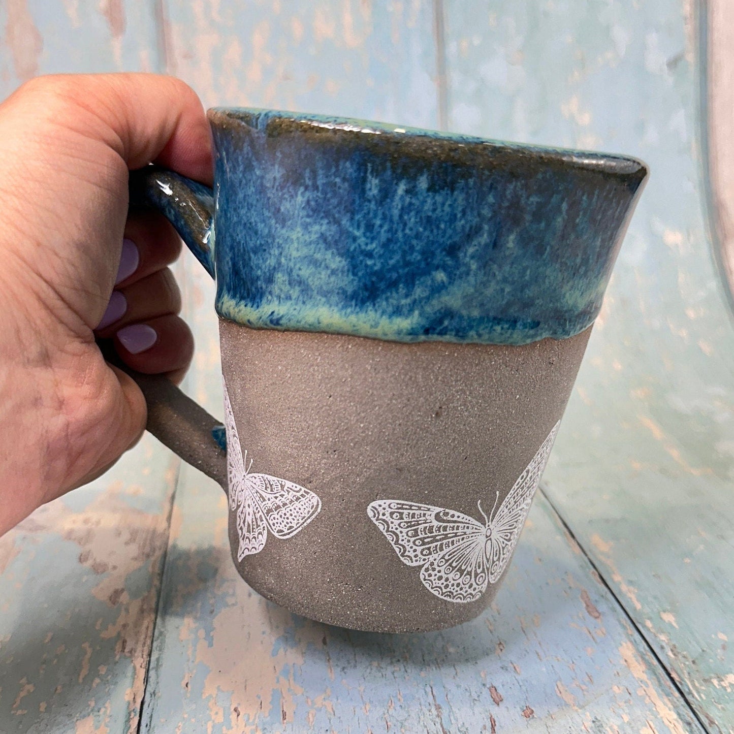 Blue Butterfly Mug, Large Ceramic Cup - FJD Ceramics