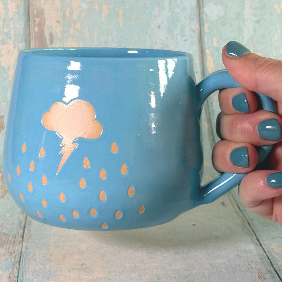 Blue Rain Mug, Handmade Ceramic Cup, Lightening Weather - FJD Ceramics